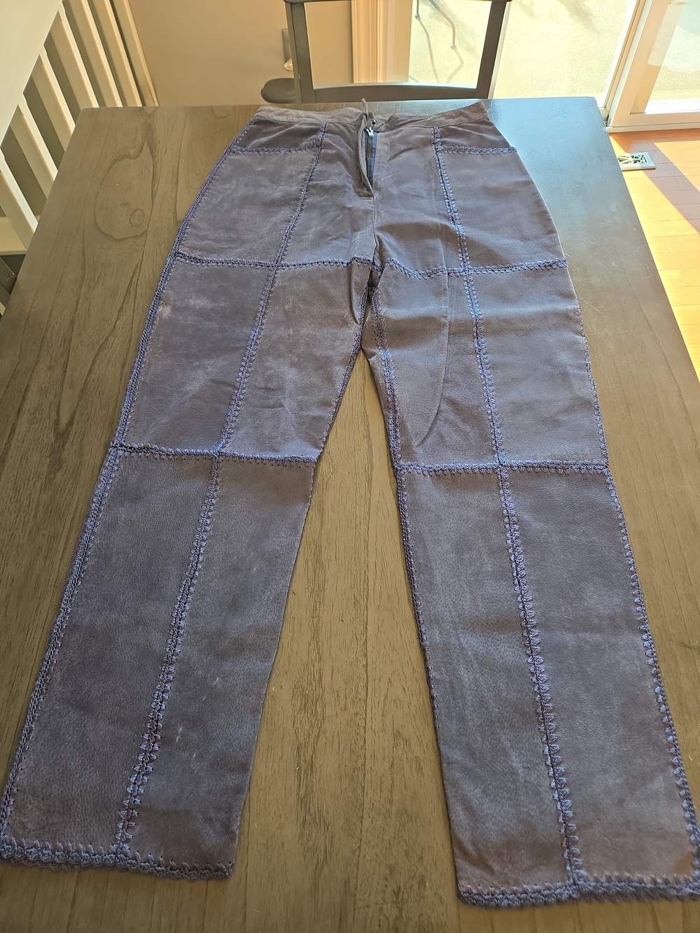 S.M.H. Vintage Suede Leather and Crocheted Patchwork Pants Size 14 Blue